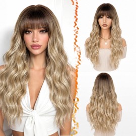Potoki Ombre Blonde Synthetic Wig with Bangs Long Wavy Wig for Women 26"