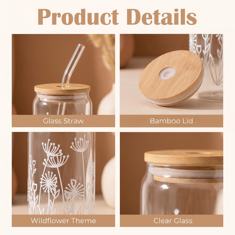 8 Pack Glass Cup with Lid and Straw 16oz Wildflower
