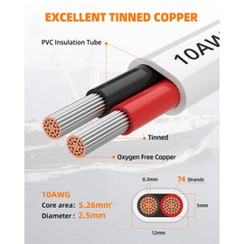 CONEPY 10 Gauge Marine Wire, 10/2 Duplex Marine Grade Cable, IP68 Waterproof/Oxygen-Free Tinned Copper Stranded PVC 10 AWG Wire for Boat, Automotive, RV, Solar, LED Strips (15FT)