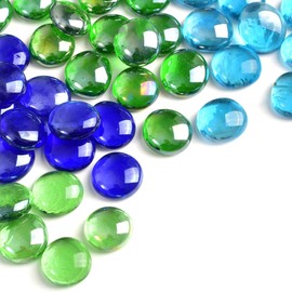 VIOCIWUO Flat Glass Marbles 1lb, 100PCS Mixed Color Blue Green Glass Beads Stone for Floral Arrangements Vases Flat Bottom Gems Aquarium Pebbles Vase Filler Decor