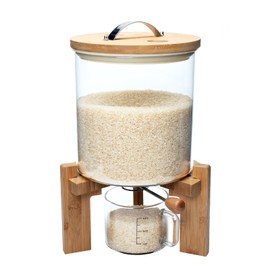 Flour and Cereal Container, 5L/8L, Rice Dispenser, Creative Glass Food Storge Container for Kitchen Organization and Pantry Store, Airtight Lid and Wooden Stand 5L