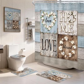Ufeela 4 PCS Rustic Floral Flower Complete Bathroom Set Shower Curtain and Rugs 72Wx72H Inch Farmhouse Wood Country Non-Slip Bath Rug Toilet Lid Cover U Shape Mat Accessories 12 Hooks Bathoom Decor