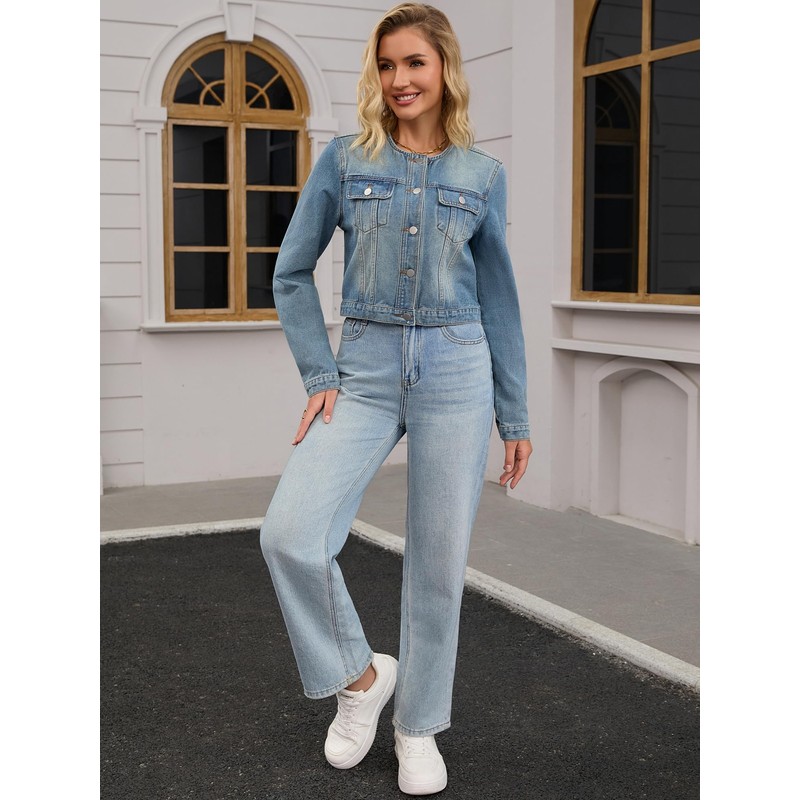 CIMUK Women's Denim Jacket Collarless Button Down 2025 Western Long