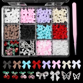 Uotey Uotey 3D Bows Nail Charms, Pink Color White Red Black Bows Flowers Pearls Nail Charms, Mixed Color Nail Charms Butterfly Cherry Alloy Silver Nail Art Gems Charms for Nail Art Decor Accessories DIY