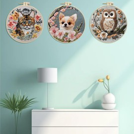 IUHUI 3 Pack Embroidery Kit for Beginners and Adults - Weird Cute Animal Pattern DIY Hand Stitched Embroidery 3 Sets with 3 Hoops (Serious Dog, Cat Owl)