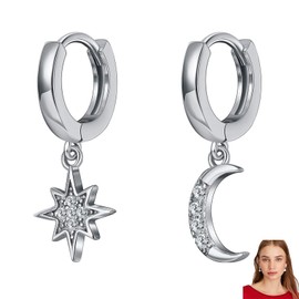 Cartilage Star Earrings Hoop, Small Silver Drop Hoop Dangle Earrings for Women, For Women Girls (Silver)