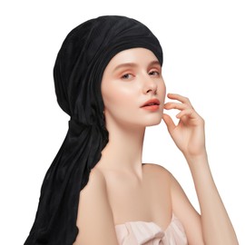 Adorila Pre Tied Head Scarves for Women, Stretch Turban Hats with Breathable, Soft Non Slip Headwraps for Keep Hair Style Cap, Sleep Hat (Black), Black, One Size