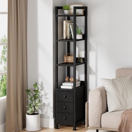 KLUVIS Skinny Bookshelf for Narrow Spaces - Small Book Shelf with Drawers 4 Tier Thin Shelves Slim Bookshelves 3 Fabric Drawer 60 inch Tall, Black (04B)