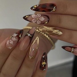 Uas postizas francesas con punta de almendra mediana y diseo de cuentas doradas, diseo floral 3D otoal brillante, reutilizables, acrlicas con textura dorada, 24 unidades
