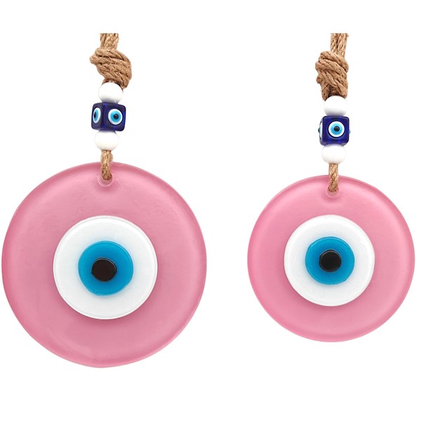 Candymosa Turkish Evil Eye Decor - Pink Glass Ornaments Set of 2 - Pink Evil Eye Wall Hanging in a Box - Home Protection Charm - Pink Home Decor - Evil Eye Wall Decor - Nazar Amulet