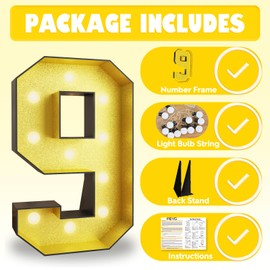 4FT Marquee 9 Numbers, Light Up 9 Glitter Gold Giant Marquee Mosaic Numbers Frame Light Up Numbers for 9th 90 93 96 98 Birthday Party Decorations Mosaic Number 9,DIY Frame Pre-Cut Foam Board Kit