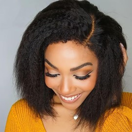 Kinky Straight V Part Perücke Echthaar Für Frauen, Brasilianische Natürliche Damenperücke Yaki Perücke Glatte Echthaarperücke 180% Dichte 12A Kleber Spitze Frontale Perücke Natur Schwarz 30cm.