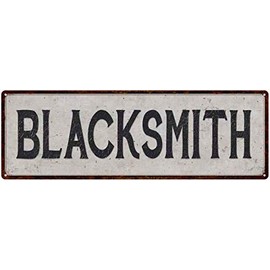Blacksmith Sign Shop Mechanic Rustic Decor Signs Vintage Black on White Tin Plaque Wall Art Decorations Dads Gift 6 x 18 Matte Finish Metal 106180023009