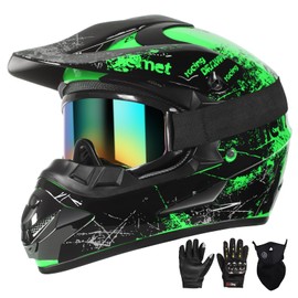 SPARK Dirt Bike Helmets Kids Motorcycle Helmet Youth ATV Motocross Full Face Men Women Off-Road Mountain Bike Helmet Adult with(Gloves Goggles Mask) DOT Approved 4Pcs Set (Green, X-Large)