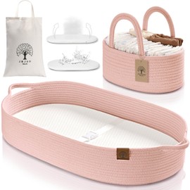 J&JOO Baby Changing Basket Includes Diaper Caddy - Portable, Breathable, Changing Table Topper, Changing Pad for Dresser, Cotton Rope Baby Basket, Baby Mat, Gift for Baby Shower