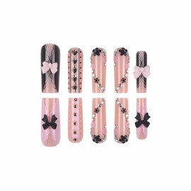 BABALAL Press on Nails Long Square Fake Nails Black Pink Glue on Heart & Bow Charm Luxury Bling Acrylic Handmade Y2k Supplies Art 24Pcs Manicure Full Cover False Nails