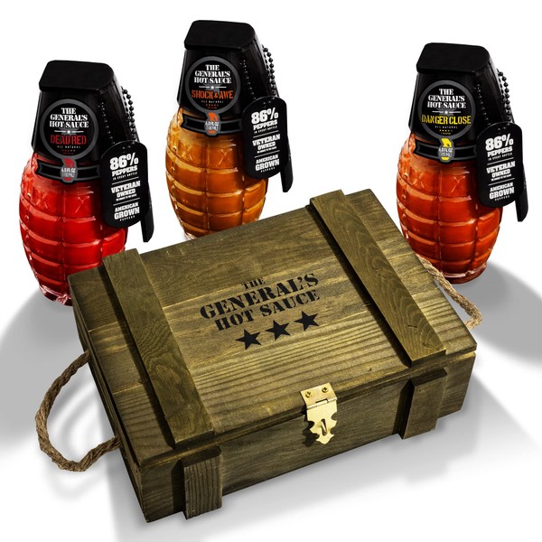 The General's Hot Sauce 3-Star Ammo Crate. Three 6 oz