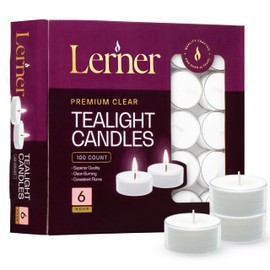 Lerner Tealight Candles in Clear Cups, 100 Count| 6 Hours Long-Burning White Tea Light Candles| Non-Toxic, Smokeless & Soot-Free Tea Light Warmer Candles | Unscented Party, Décor, Shabbat Tea Candles