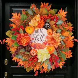 Fall Wreaths for Front Door 24" Autumn Harvest Wreath with Dahlias