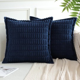 Artscope Dark Blue Cushion Covers Set of 2 Corduroy Decorative Square Striped Pillowcase with Stitched Edge Pillow Covers 45x45cm for Home Decor Sofa Bedroom Car