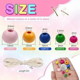 TOAOB 600 Pieces Natural Round Colourful Wooden Beads Set 6 to 14 mm Mixed Size Round Wooden Beads Crafts with Hole for DIY Jewellery Making