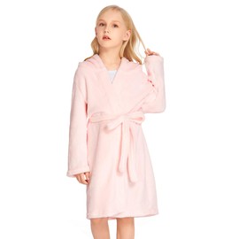 Arshiner Boys Girls Flannel Bathrobes Soft Fuzzy Hooded Robe Sleepwear with Belt for Kids Pink 4-5T
