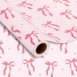 JarThenaAMCS Pink Bow Wrapping Paper -Mini Roll- 17In x 32.8Ft Cute Bowknot Wrap Paper Bowtie Craft Paper for Party Packing Supplies