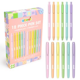 abeec Pen Set, x12 Pens - x6 Black Ink Ballpoint Pens & x6 Pastel Highlighters Pens, Perfect School Stationery Set, Teacher Pens & Pens for School