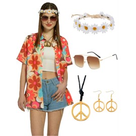 kasahara Hippie Costume Women's Set Hawaiian Tops Shirt Vintage Outfit Shirt 80s 90s Clothing Casual Retro Blouse Tops Shirts Carnival Costume (Orange, M)
