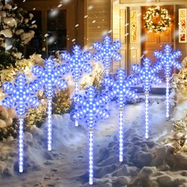 TWINGLEHOME Set of 8 Pre-lit Xmas Snowflake Decoration Stake for Path, Yard, Lawn, Garden, Christmas Snowflake Lights Outdoor Pathway Markers 17" 568LED(4x142LED) Lawn Stake Light,Cool White and Blue