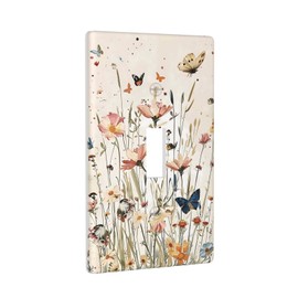 Single Toggle Light Switch Plate Decorative Vintage Watercolor Wildflowers Butterflies, 1 Gang Switch Plate Cover Abstract Receptacle Wall Plate Decor for Kitchen Bathroom Bedroom 2.76''x 4.5''
