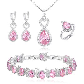 BriLove Wedding Jewelry for Women Bride Bridesmaid, Gorgeous Cubic Zirconia Infinity Heart Teardrop Necklace Earrings Bracelet Ring Jewelry Set for Party Prom Accessoreis Pink Silver-Tone