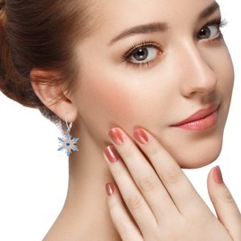 Sterling Silver Snowflake Earrings Christmas Earrings Blue Snowflake Leverback Dangle Drop for Women X Mas Gifts