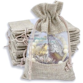 12-Pack Medium Linen Burlap & Sheer Organza Gift Bag with Drawstring (Beige, 5x7), for Party Favors Cosmetic Samples & Treats Mesh Pouch by TheDisplayGuys