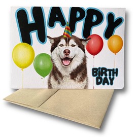 Fava Bean Productions Happy Birthday Card with Dogs, Husky Card (1 Premium Card, 5x7 inches, Blank Inside) Dog Themed Birthday Card, Happy Birthday from Dog, Cute Birthday Card - 338
