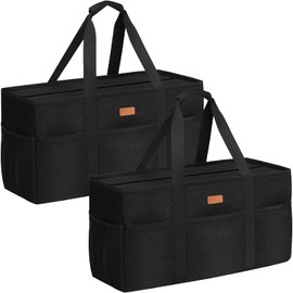 LHZK 2 Pack Stand Up Extra Large Utility Tote Bag with Lid, Utility Tote Bag with Metal Wire Frame and the Sides Rinforced, Reusable Grocery Bags Foldable, Beach Bag, Car Tote (Black)