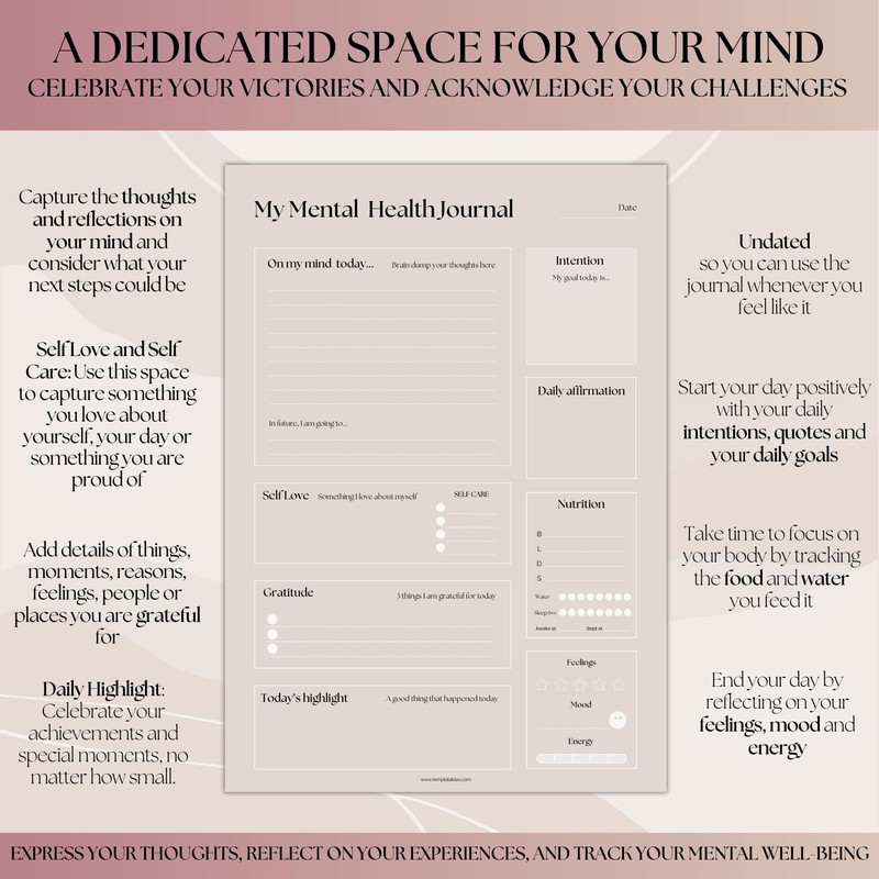 Mental Health Journal Planner | Daily Gratitude, Self Care, Intentions,