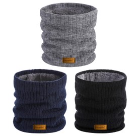 Pibupibu Winter Neck Gaiter Set for Men, 3 Pack Fleece Warmer Windproof Face Neck Cover Cold Weather Scarf for Outdoor Sports (Thick Stripe, Black Grey Navy)