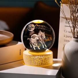 Arikyrist Horse Gifts for Girls Women, 8cm/ 3.15" K9 Crystal Ball Engraved 3D Horses Figurine with LED Warm Light Stand, Collectible Horse Decorative Home Office Ornaments