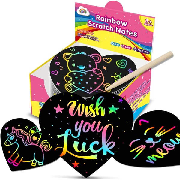 ZMLM Rainbow Scratch Art Party Favors - 160 Mini Heart Scratch Art Note Pads Craft Art Paper