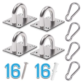 PAMAZY 4 PCS M6 Premium Heavy Duty Square Stainless Steel Pad Eye Hooks + 4PCS Snap Hooks and 16 PCS Screws with 16 PCS Plastic Expansion Tube, Ceiling Hooks Heavy Duty for Outdoor Indoor Activity