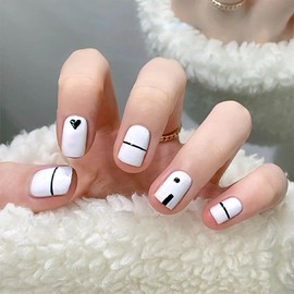 Square Press on Nails Extra Short Fake Nails with Heart Shape Lines Design Simple Glue on Nails Glossy Stick on Nails Reusable Full Cover Artificial Acrylic False Nails Kit for Women Girls 24Pcs