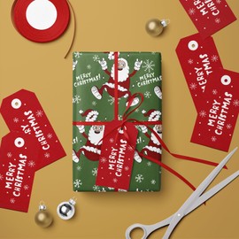 LeZakaa Christmas Wrapping Paper Roll - Funny Santa Claus Jumping with Rock 'n' Roll Gesture, Merry Christmas Lettering, for Christmas, Holiday Party Gift Wrap - 17 inches x 16.4 Feet (23.2 sq.ft.)