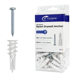 #8 x 1-1/2" Nylon Self-Drilling Drywall Anchors with Screws (100 Anchors+100 Screws), No Pre Drill Hole Required, Hold Up to 75 Lbs