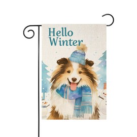 HILILIAN Welcome Winter Garden Flag 12x18 Double Sided, Burlap Small Snow Shetland-Sheep-Dog Garden Yard House Flags for Winter Outside Outdoor Decoration(7792)