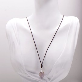 Natural Amethyst Crystal Point Pendant Hand Knotted Rope Necklace, White Gold Tone