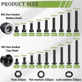 mxuteuk 2135PCS M3 Screws kit,M3x4mm-35mm Metric Screws Bolts Washers Nuts Kit,Hex Socket Button & Cap Head M3 Screws,12.9 & 10.9 Grade Alloy Steel M3 Bolts with 2 Hex Wrench