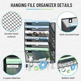 SUPEASY Organizador de archivos de pared, organizador de archivos colgante de 7 niveles con 5 ganchos, soporte para correo y archivos montado en la pa