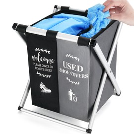 Decorniqu Disposable Shoe Cover Dispenser Box Foldable Waterproof Fabric Holder Storage Bin with Welcome Please Cover or Remove Shoes and Used Shoe Covers Sign for Open House Supplies (Black & Gray)