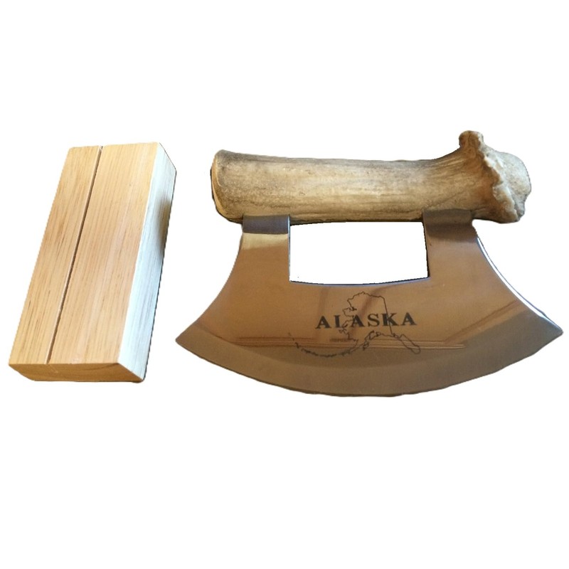 Alaskan Cultured Antler Ulu Knife and Stand